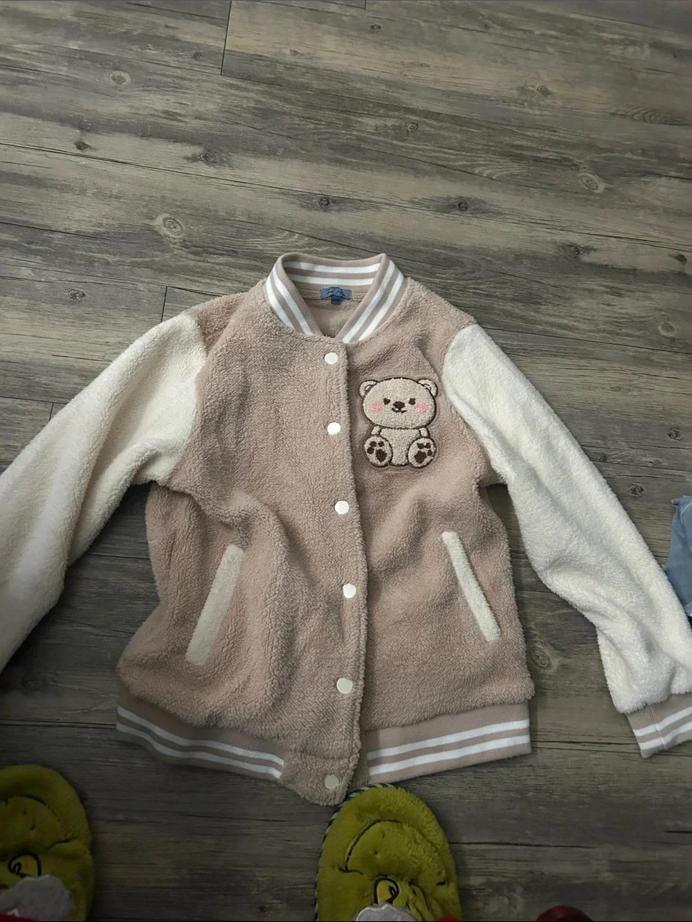 Kids Teddy Fleece Bomber Jacket - Beige & Cream